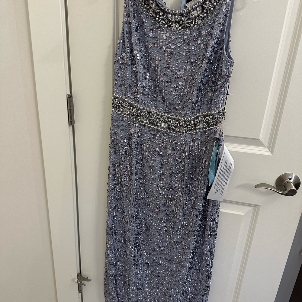 Mac Duggal Silver Beaded Evening Gown